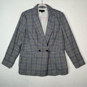 Talbots Plaid Blazer Jacket Womens 12 Blue Grey Double Breasted Cotton Preppy